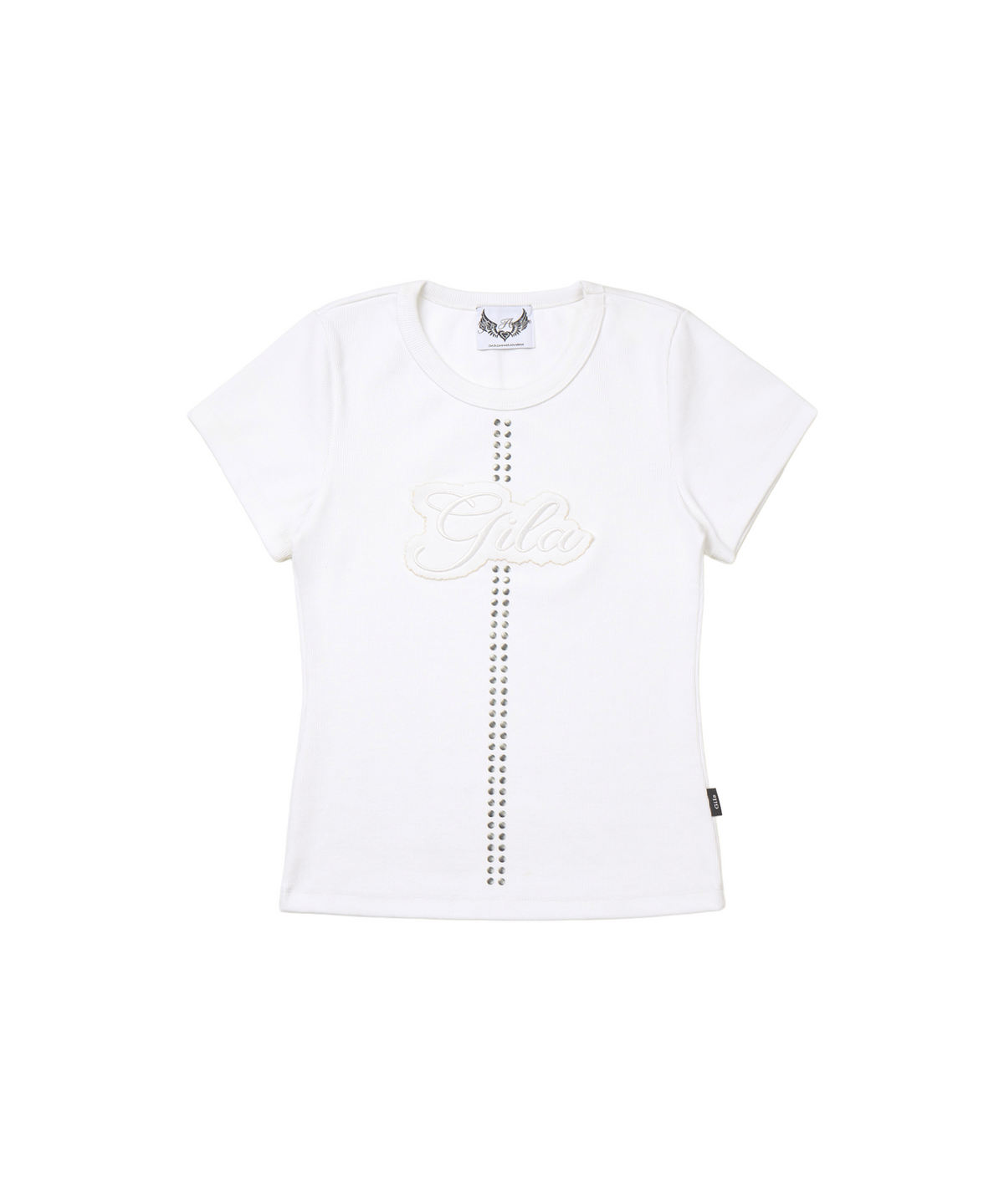 길라아카이브(GILAARCHIVE) STUD PATCH LOGO DYED CROP T-SHIRTS_WHITE