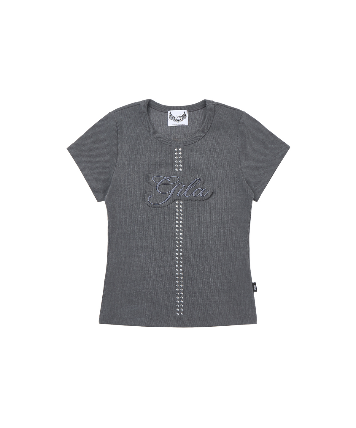 길라아카이브(GILAARCHIVE) STUD PATCH LOGO DYED CROP T-SHIRTS_CHARCOAL