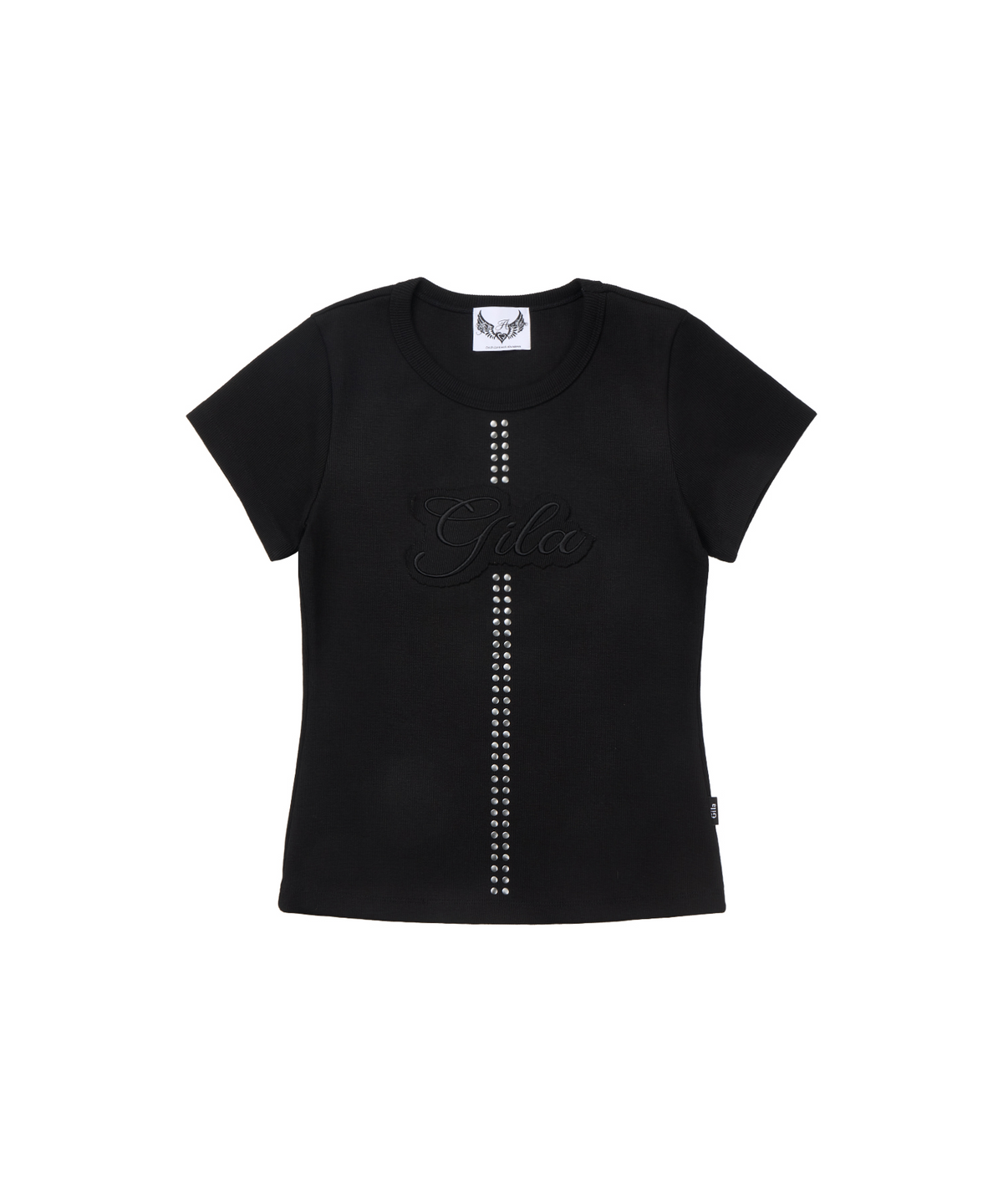 길라아카이브(GILAARCHIVE) STUD PATCH LOGO DYED CROP T-SHIRTS_BLACK