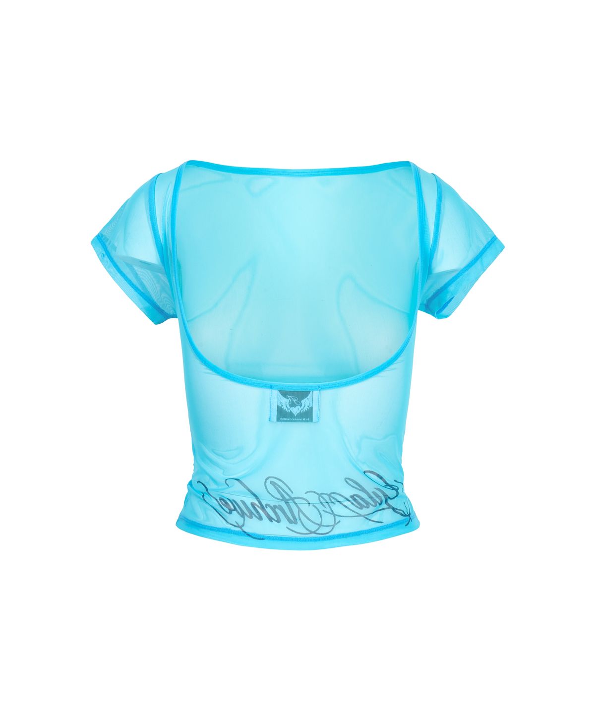 길라아카이브(GILAARCHIVE) LETTERING LOGO BACKLESS SHEER CROP TOP_BLUE