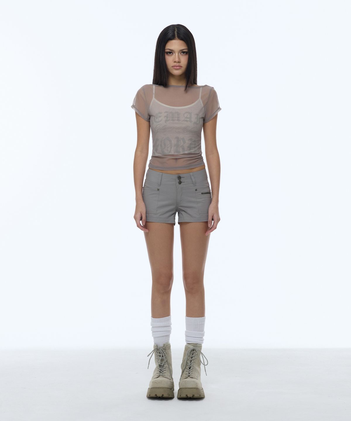 길라아카이브(GILAARCHIVE) LETTERING LOGO BACKLESS SHEER CROP TOP_GREY