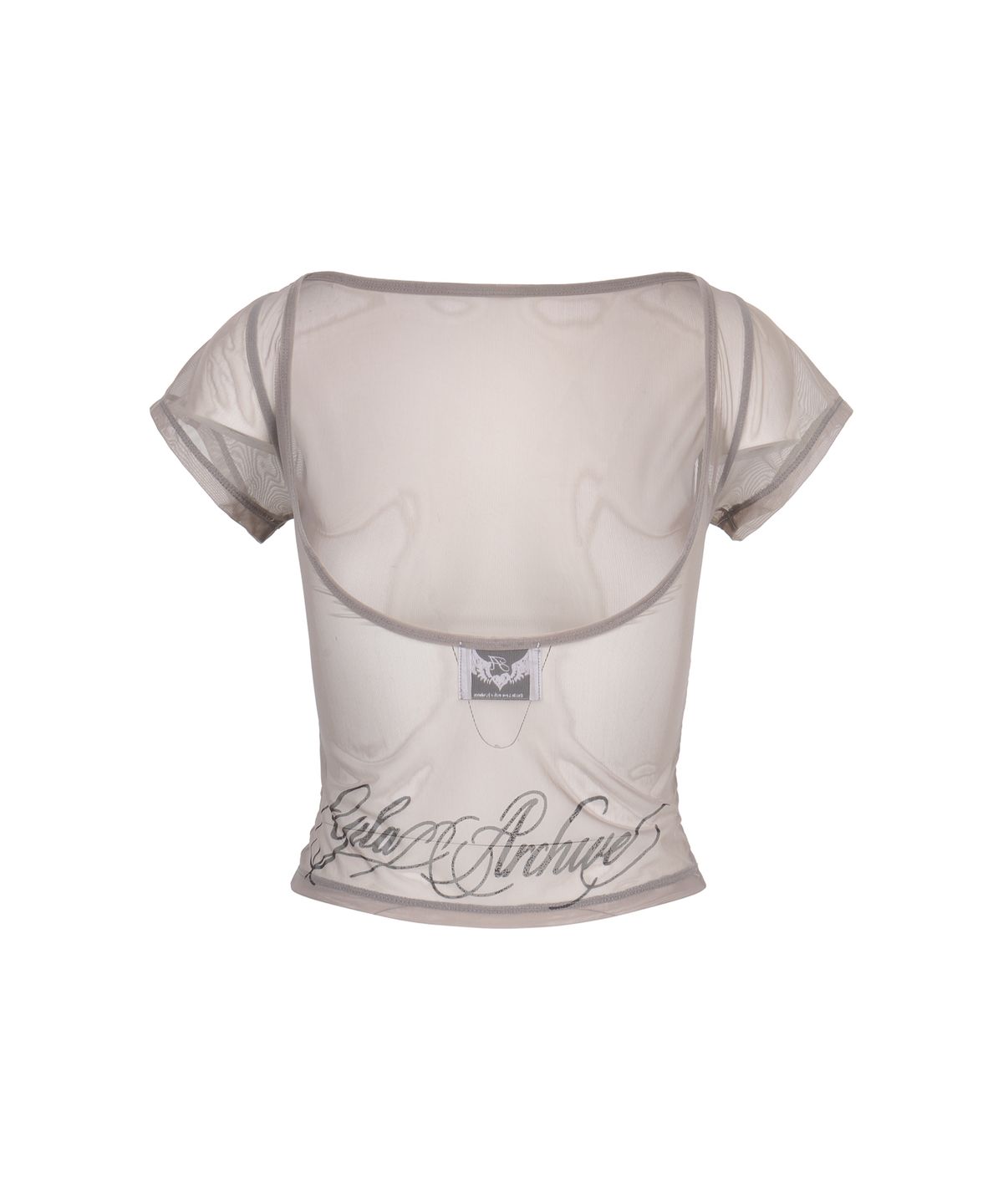 길라아카이브(GILAARCHIVE) LETTERING LOGO BACKLESS SHEER CROP TOP_GREY