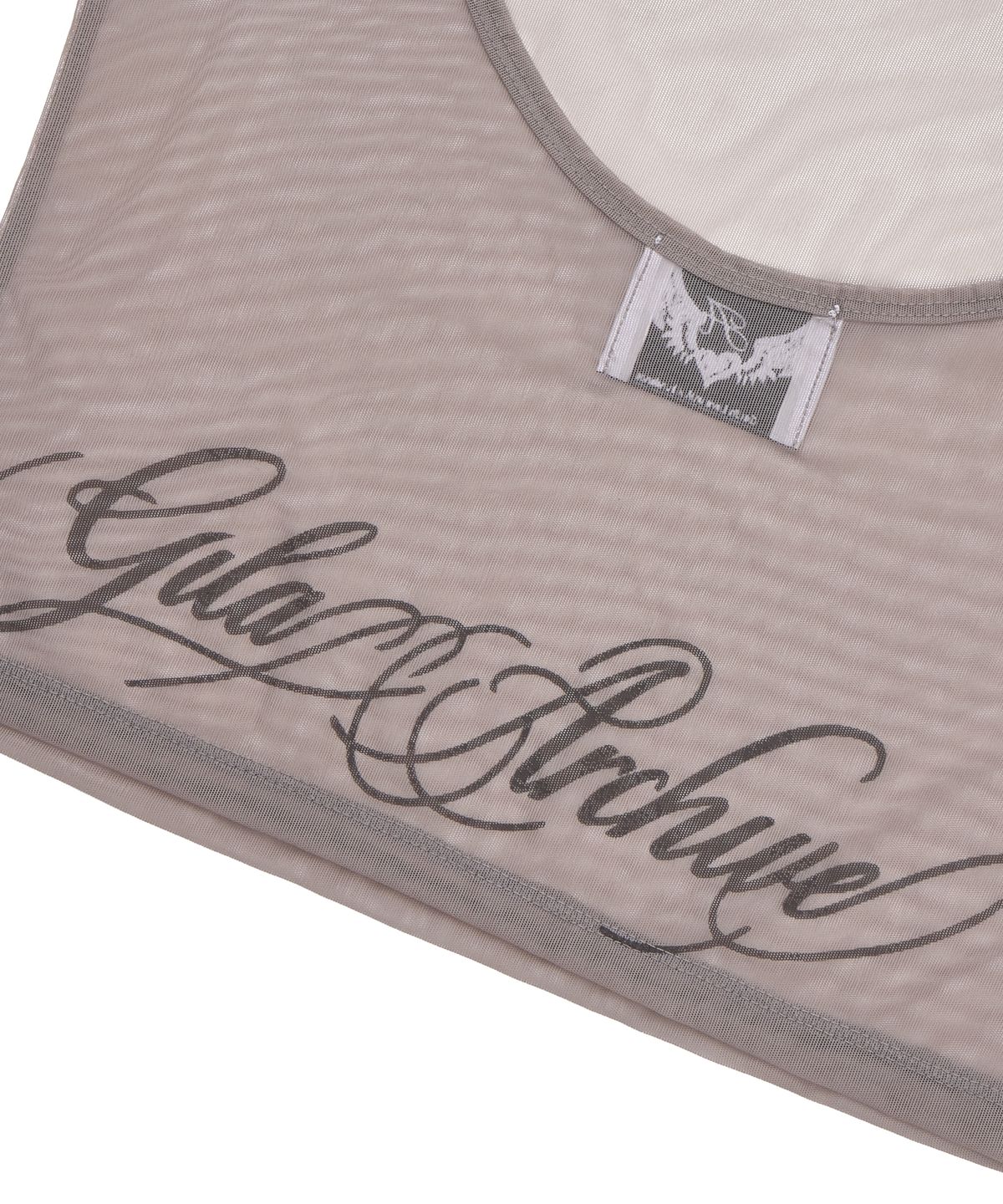 길라아카이브(GILAARCHIVE) LETTERING LOGO BACKLESS SHEER CROP TOP_GREY