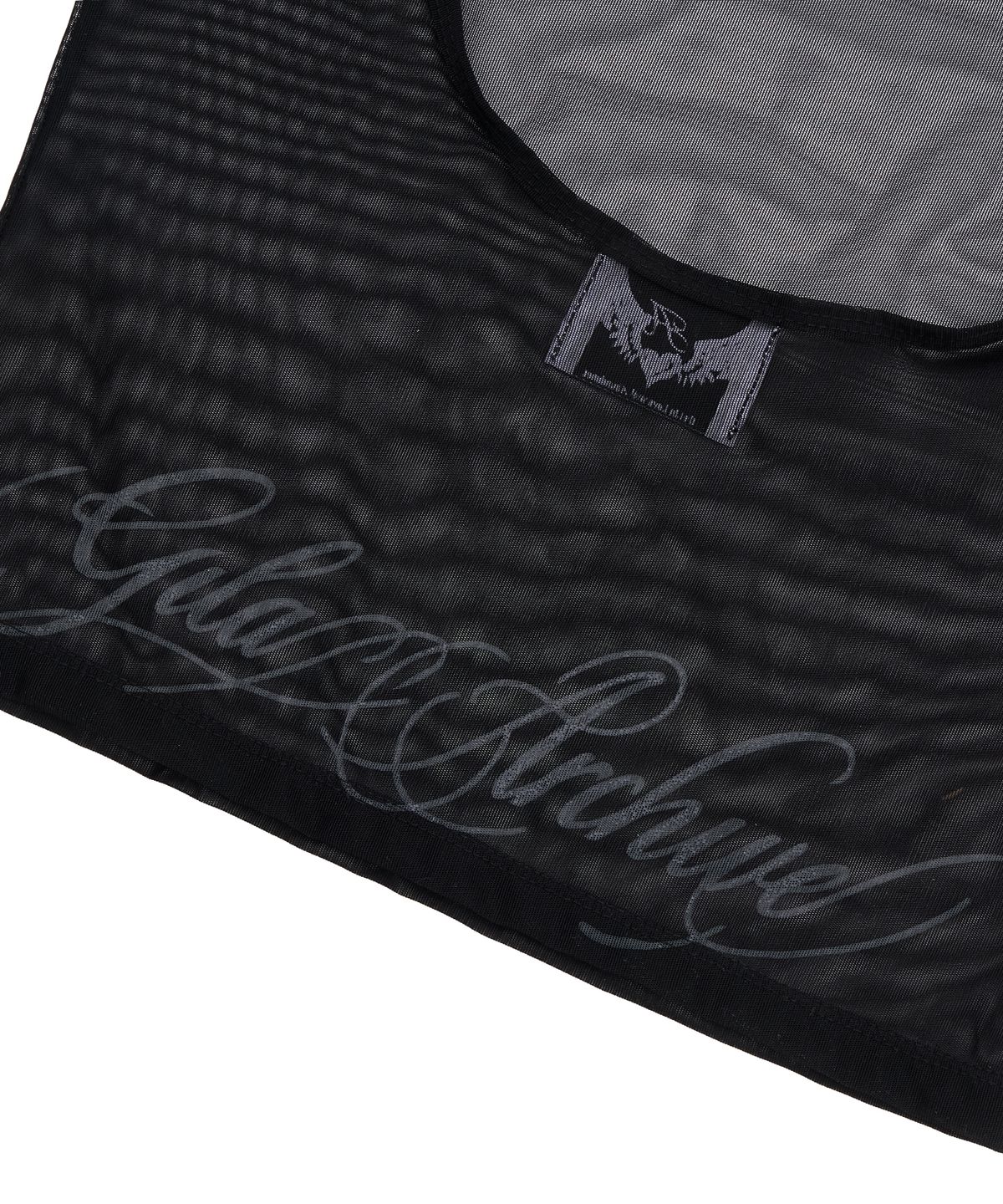 길라아카이브(GILAARCHIVE) LETTERING LOGO BACKLESS SHEER CROP TOP_BLACK
