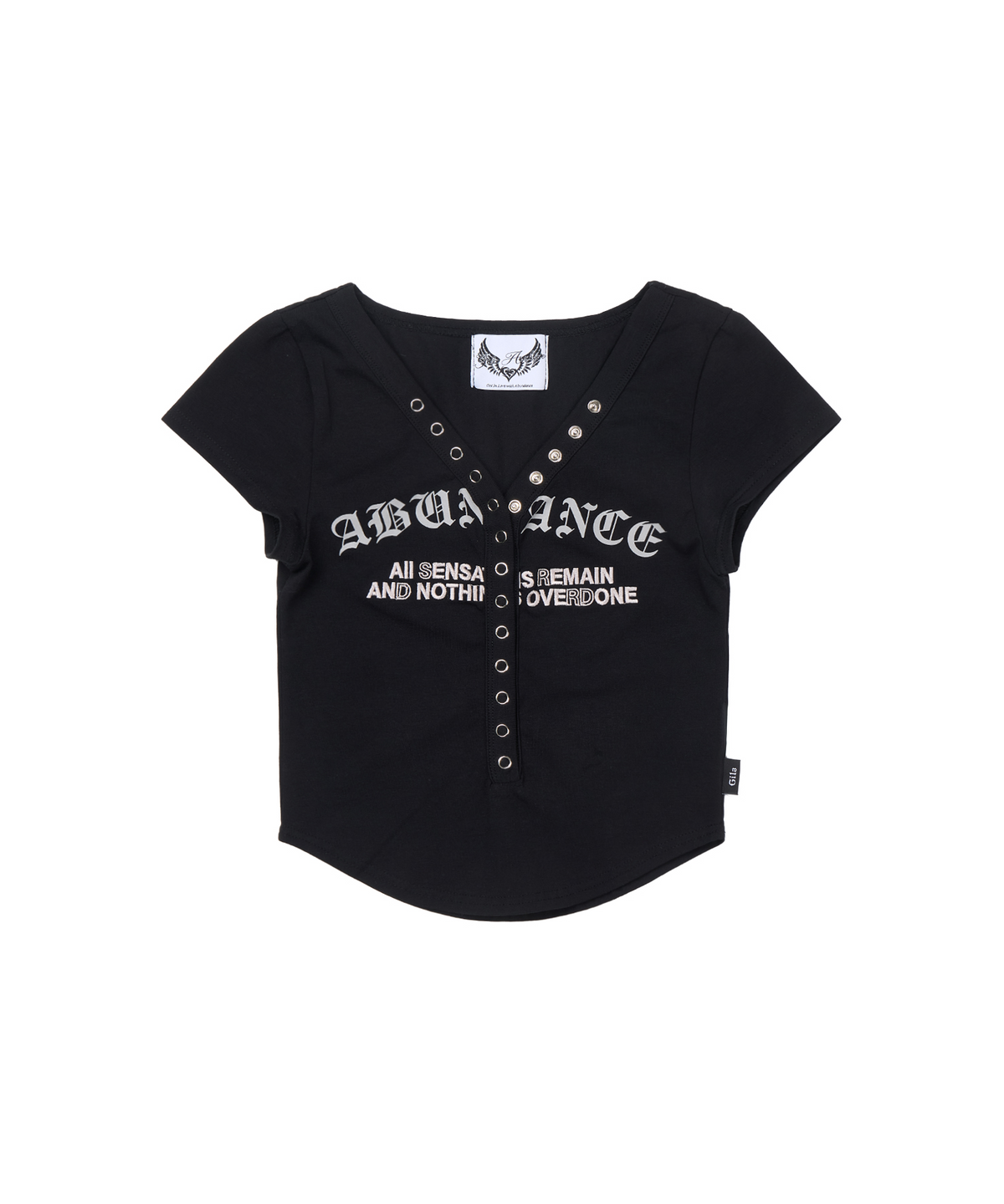 길라아카이브(GILAARCHIVE) LETTERING BUTTON CROP T-SHIRTS_BLACK