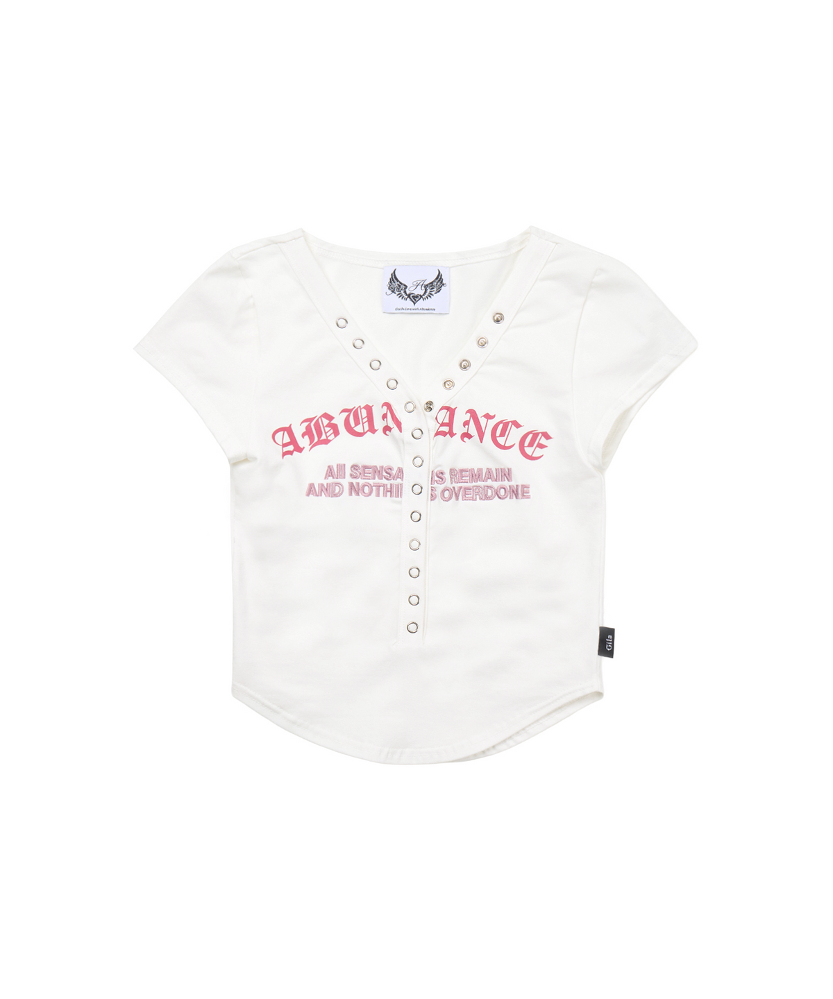 길라아카이브(GILAARCHIVE) LETTERING BUTTON CROP T-SHIRTS_WHITE