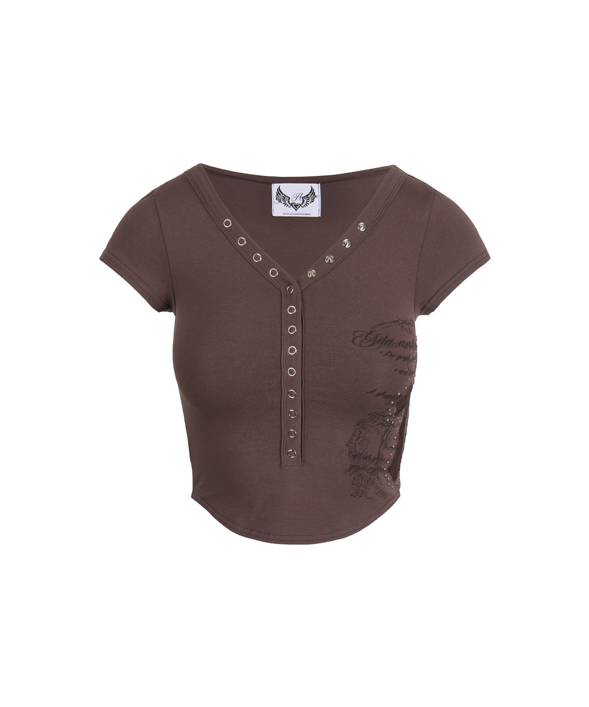 길라아카이브(GILAARCHIVE) LACE CROSS PATCHED BUTTON CROP T-SHIRTS_BROWN