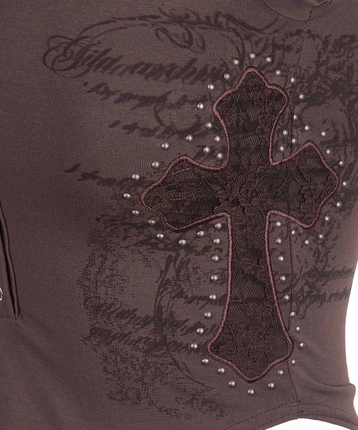 길라아카이브(GILAARCHIVE) LACE CROSS PATCHED BUTTON CROP T-SHIRTS_BROWN