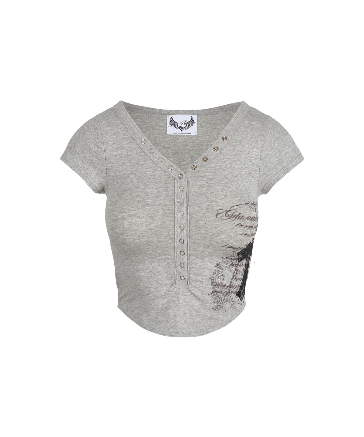 길라아카이브(GILAARCHIVE) LACE CROSS PATCHED BUTTON CROP T-SHIRTS_GREY