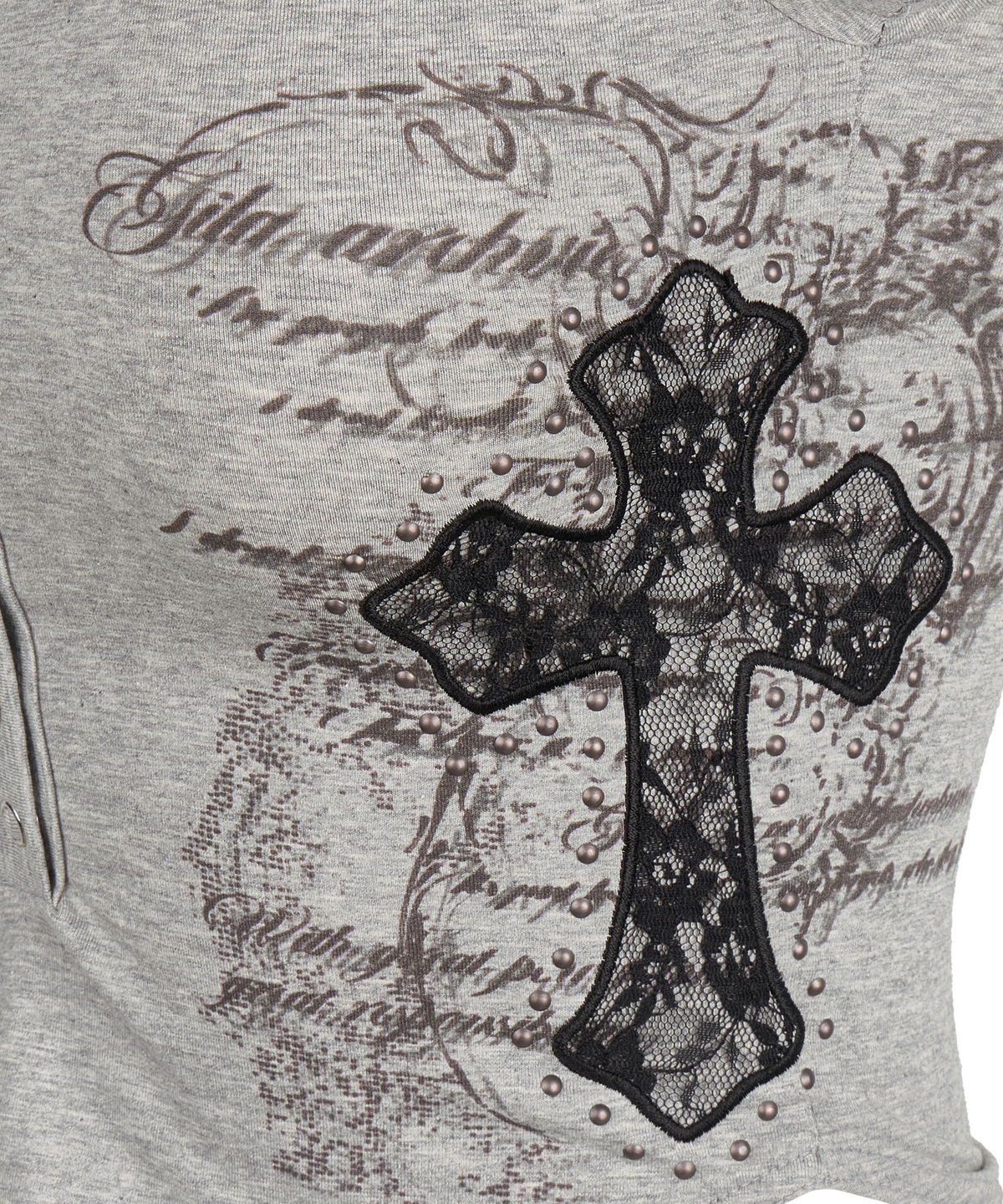 길라아카이브(GILAARCHIVE) LACE CROSS PATCHED BUTTON CROP T-SHIRTS_GREY
