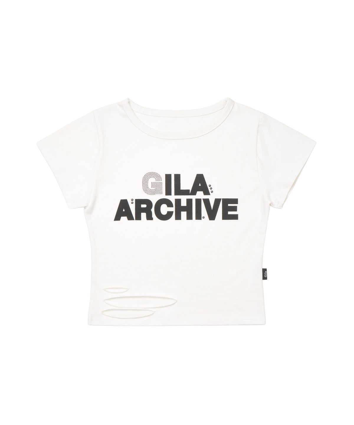 길라아카이브(GILAARCHIVE) SCRATCHED BOLD LOGO CROP T-SHIRTS_WHITE