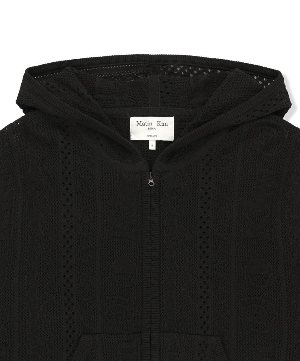MUSINSA | MATIN KIM MESH LOGO KNIT HOODY ZIP UP IN BLACK