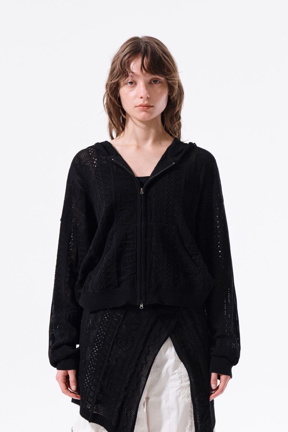 MUSINSA | MATIN KIM MESH LOGO KNIT HOODY ZIP UP IN BLACK