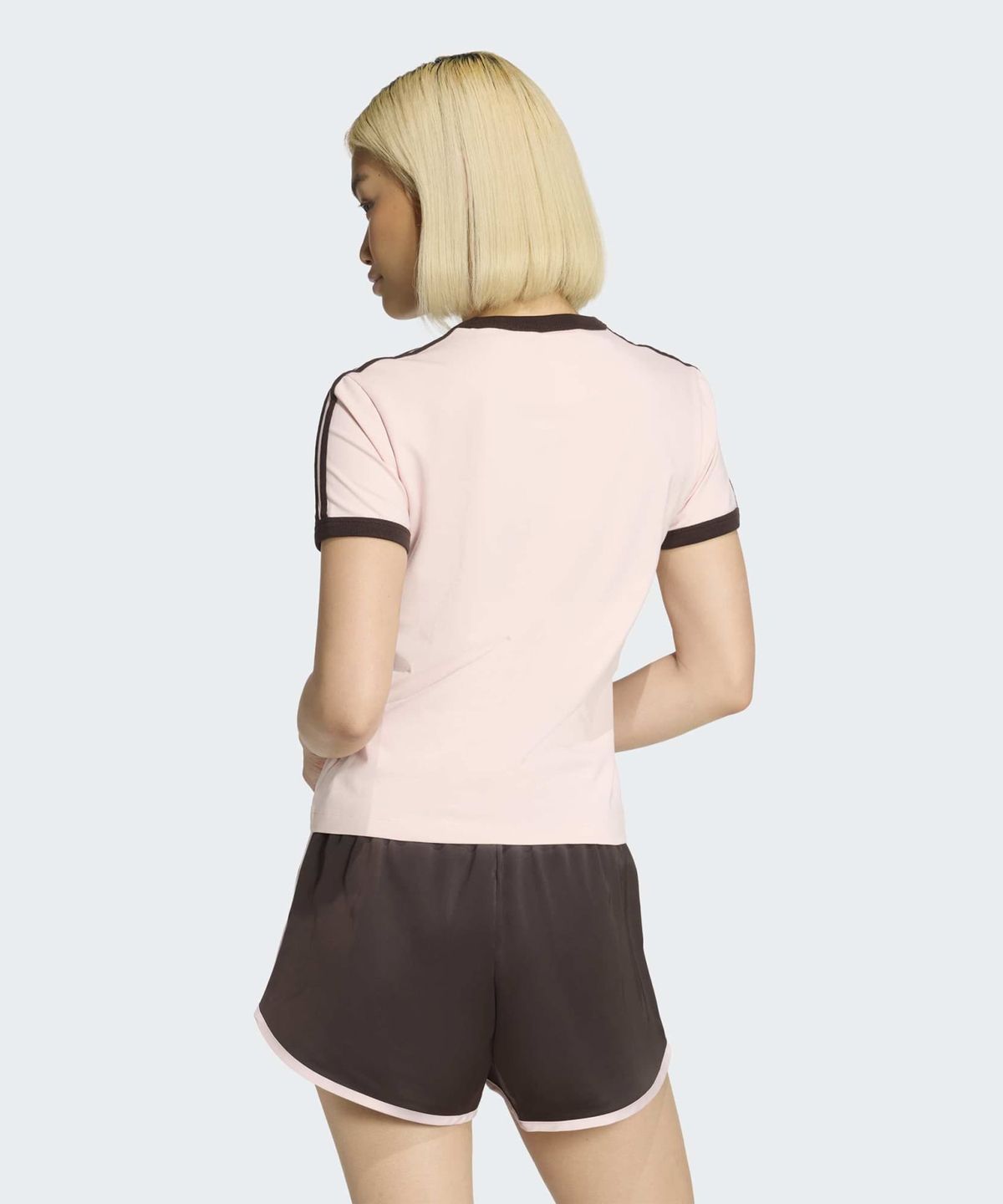 아디다스(ADIDAS) 3-스트라이프 슬림 티셔츠 - 샌디핑크:아우라커피 / KC9016