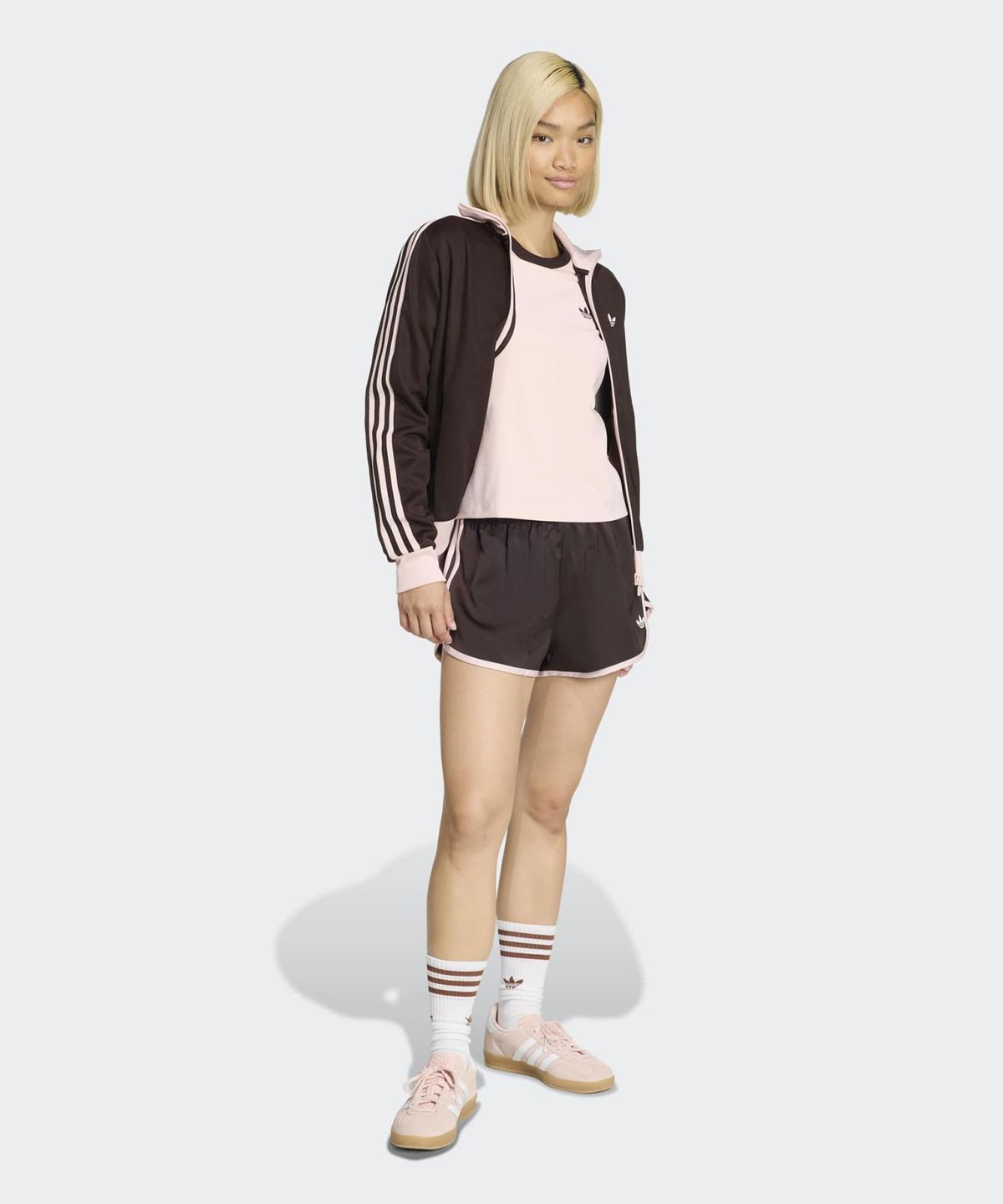 아디다스(ADIDAS) 3-스트라이프 슬림 티셔츠 - 샌디핑크:아우라커피 / KC9016