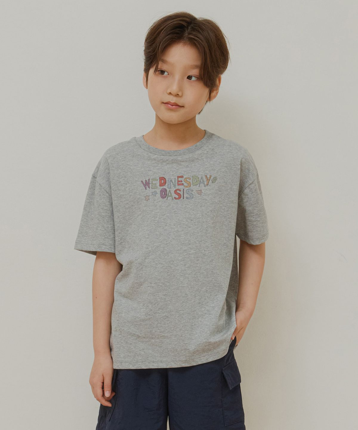 웬즈데이오아시스 키즈(WEDNESDAYOASIS KIDS) [Kids]퍼즐 데이 하프 티셔츠_MELANGE GRAY(WB6TP42)