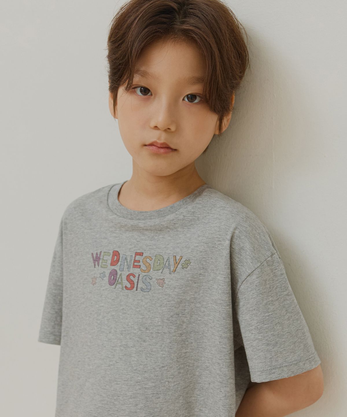 웬즈데이오아시스 키즈(WEDNESDAYOASIS KIDS) [Kids]퍼즐 데이 하프 티셔츠_MELANGE GRAY(WB6TP42)