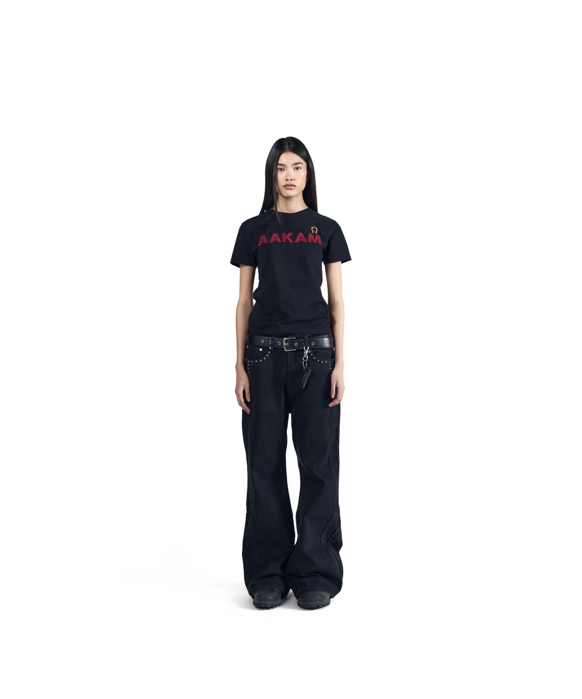 아캄(AAKAM) Back Studded Flare Denim Pants (Black)