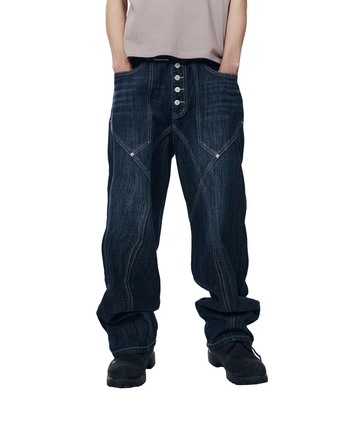 아캄(AAKAM) Oblique Incision Denim Pants (Blue)
