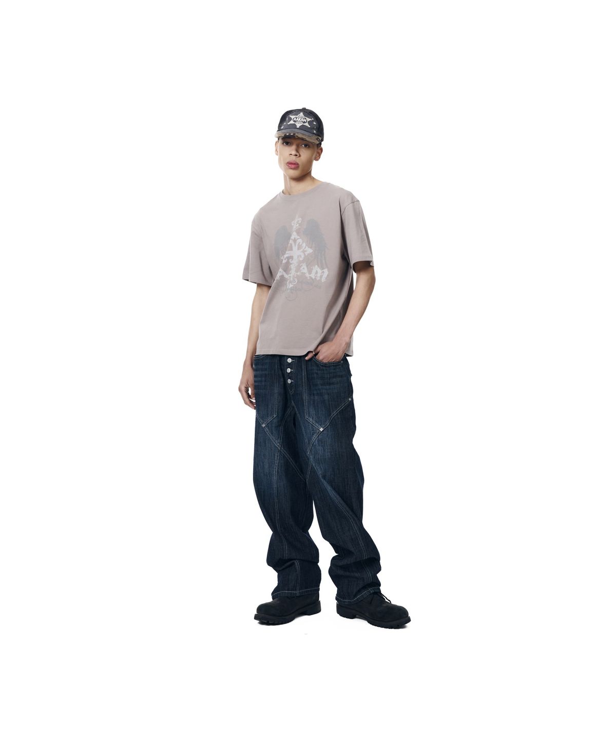 아캄(AAKAM) Oblique Incision Denim Pants (Blue)