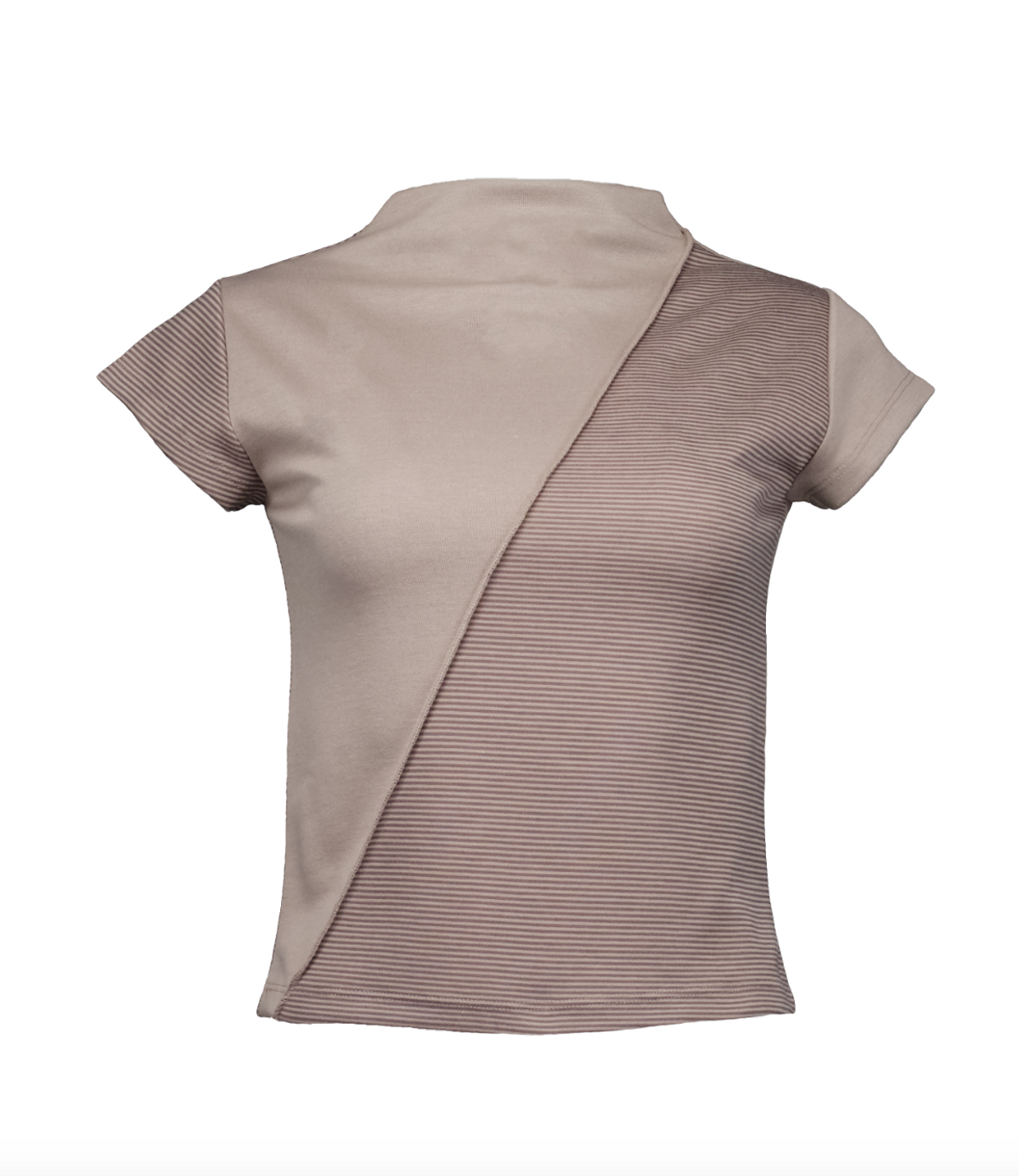 수더넴(PSEUDONYM) Asymmetric Color-Block Mock Neck T-shirt [Beige]