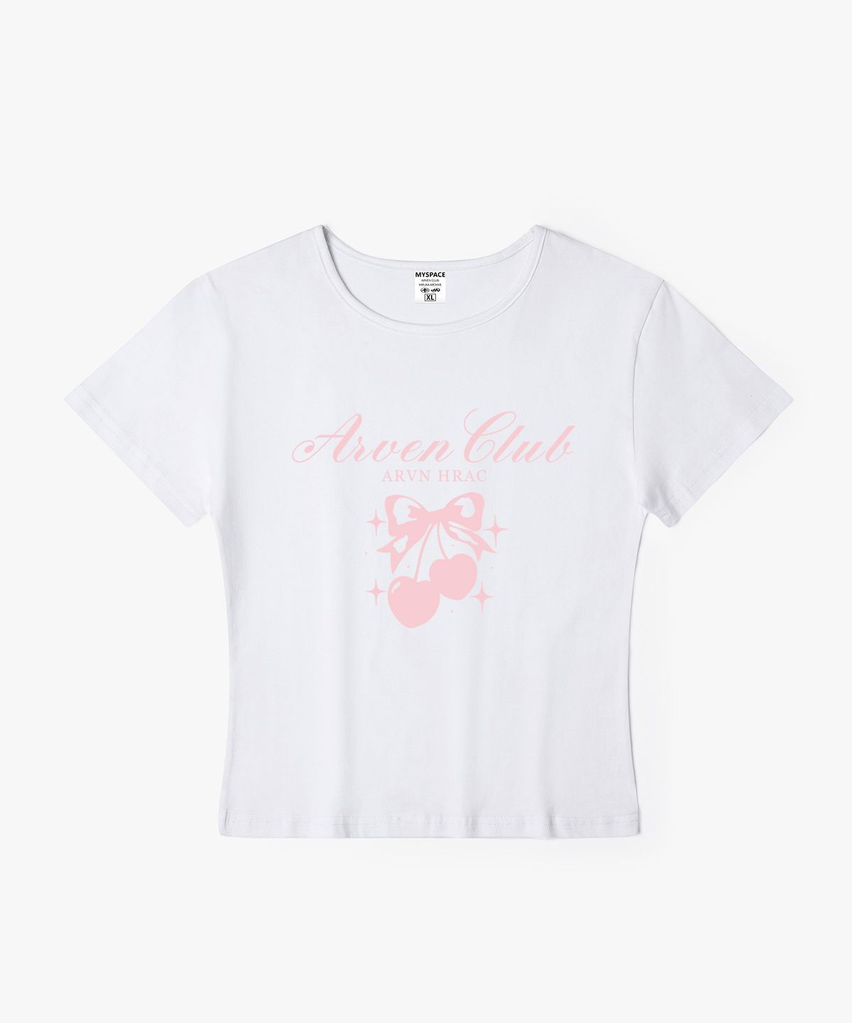 아르벤클럽(ARVEN CLUB) 스탬프 핑크 체리 여성 슬림핏 반팔티셔츠