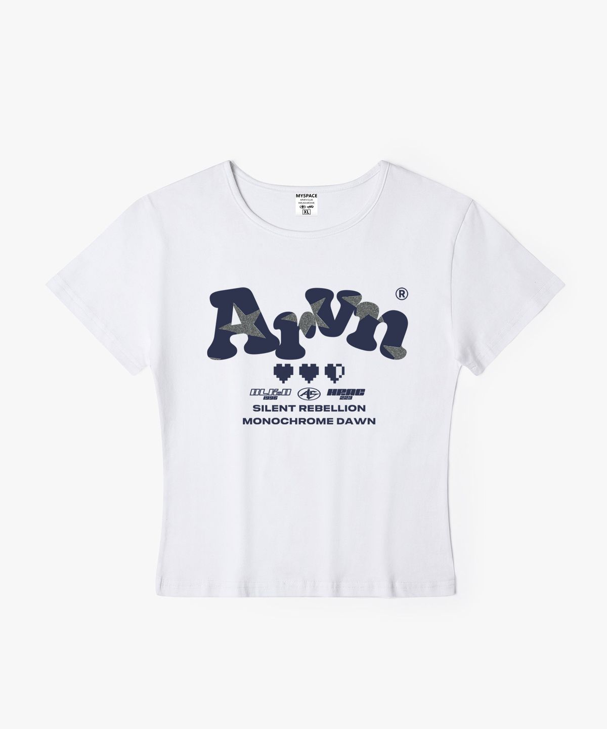 아르벤클럽(ARVEN CLUB) Arvn 트리플 하트 로고 아이콘 여성 슬림핏 반팔티셔츠