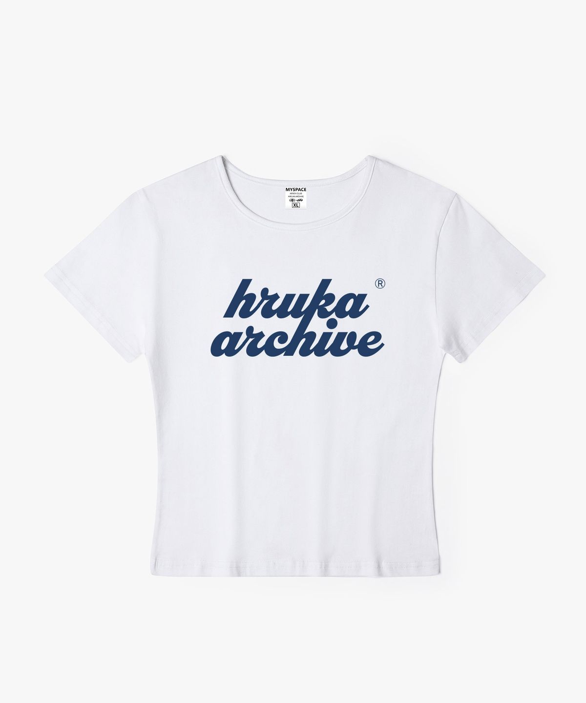 히루카 아카이브(HIRUKA ARCHIVE) OVERLAP 네이비 로고 여성 슬림핏 반팔티셔츠