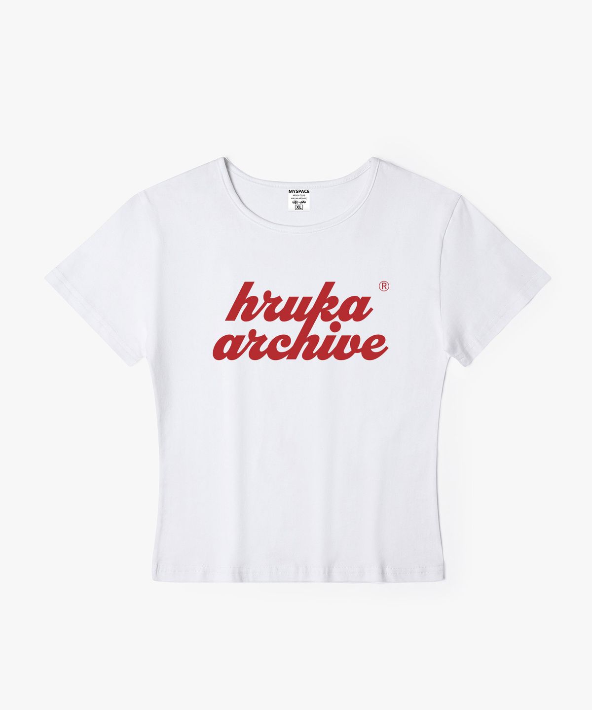 히루카 아카이브(HIRUKA ARCHIVE) OVERLAP 레드 로고 여성 슬림핏 반팔티셔츠