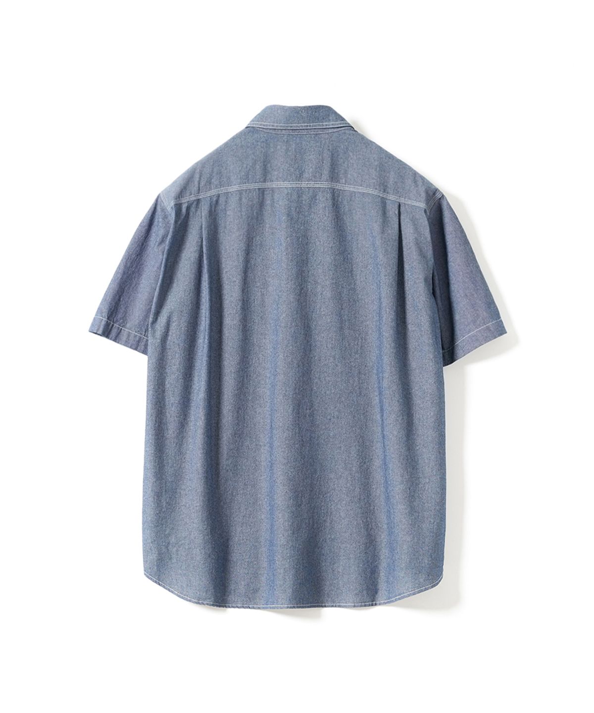 건지 울른스(Guernsey Woollens) 샴브레이 워크 반팔 셔츠 - 미드 블루
