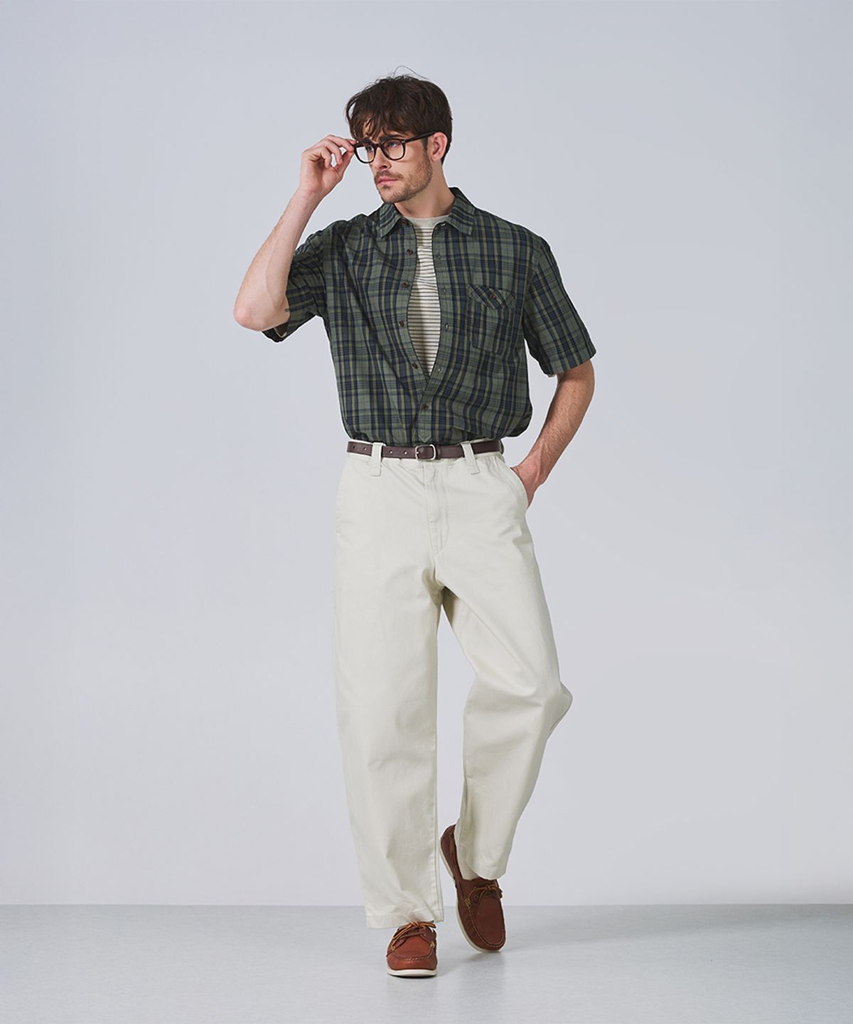건지 울른스(Guernsey Woollens) 체크 브리티쉬 아미 반팔 셔츠 - 피그먼트 그린