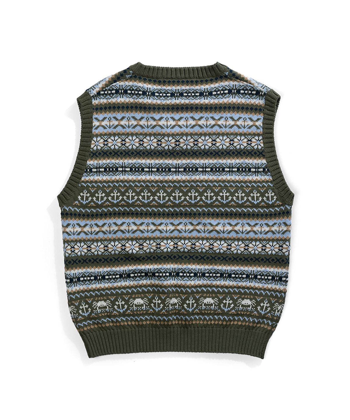 건지 울른스(Guernsey Woollens) 그랑 로크 페어아일 코튼 브이넥 베스트 - 올리브