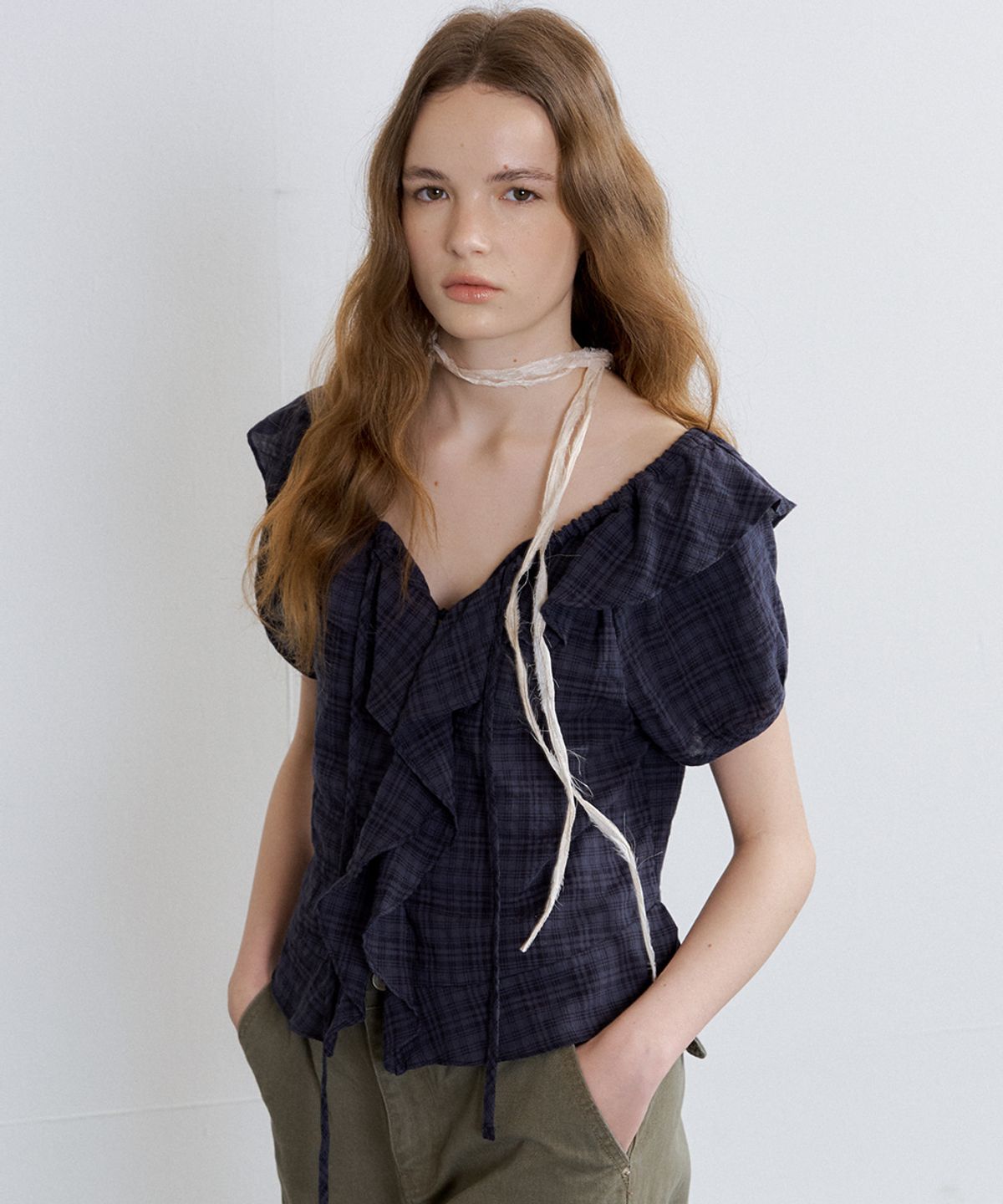 프리버07(FRIVER07) Ruffle off tie blouse [FRSP07BL05]_Navy