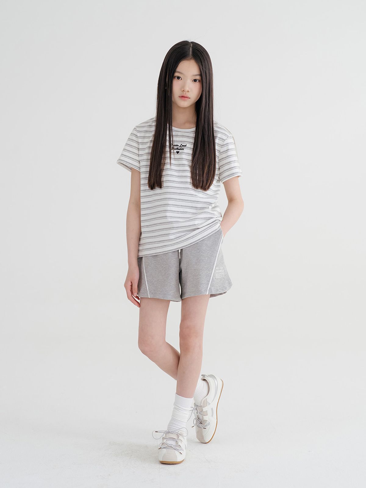 브렛테일러(BRETTAILOR) 베이직 메란지 스트라이프 숏슬리브(메란지)