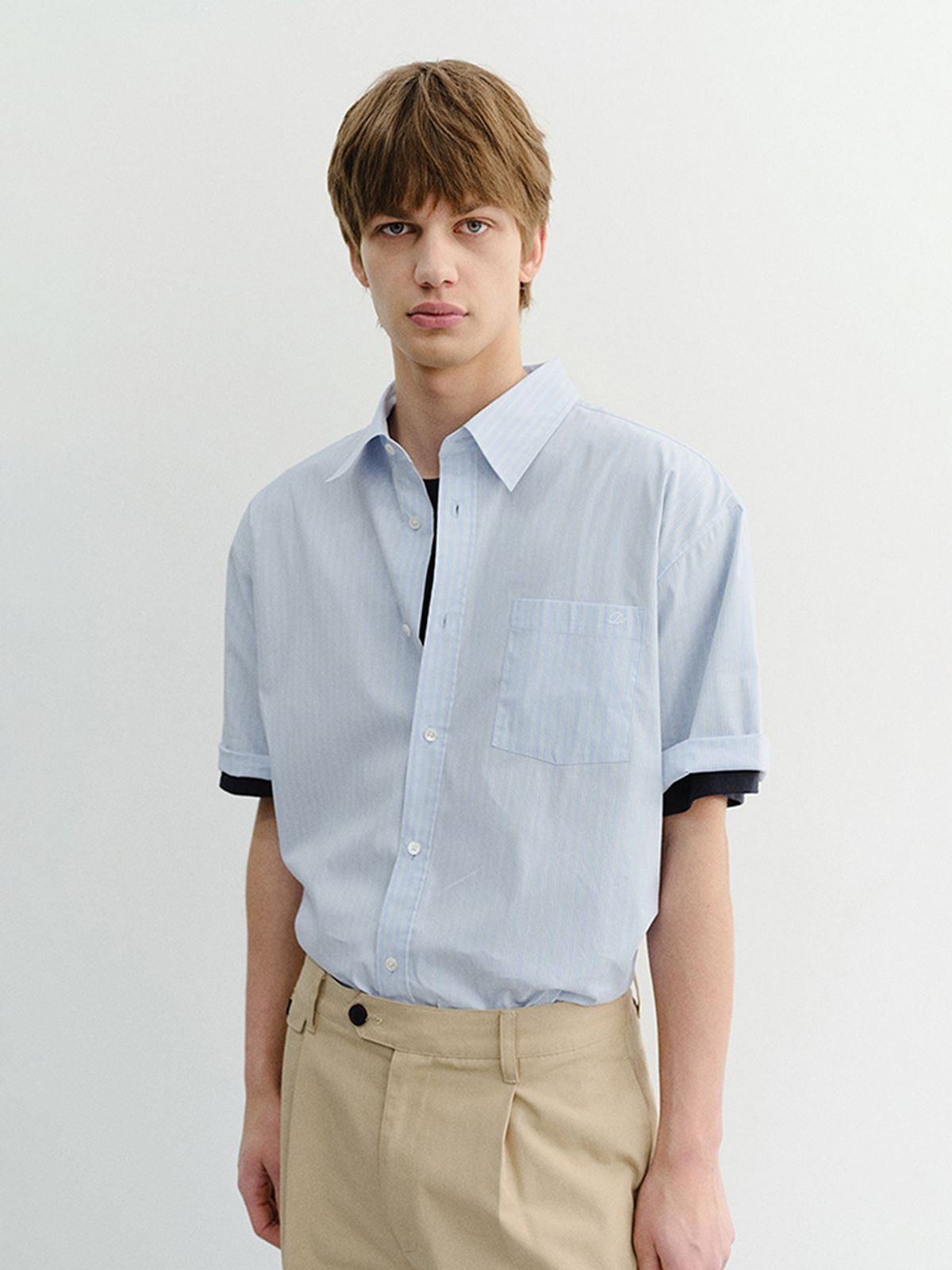 던스트 포 맨(DUNST FOR MEN) OVERSIZED HALF SLEEVE STRIPED SHIRT_UNISEX_UDSH6B148_SOFT BLUE STRIPE