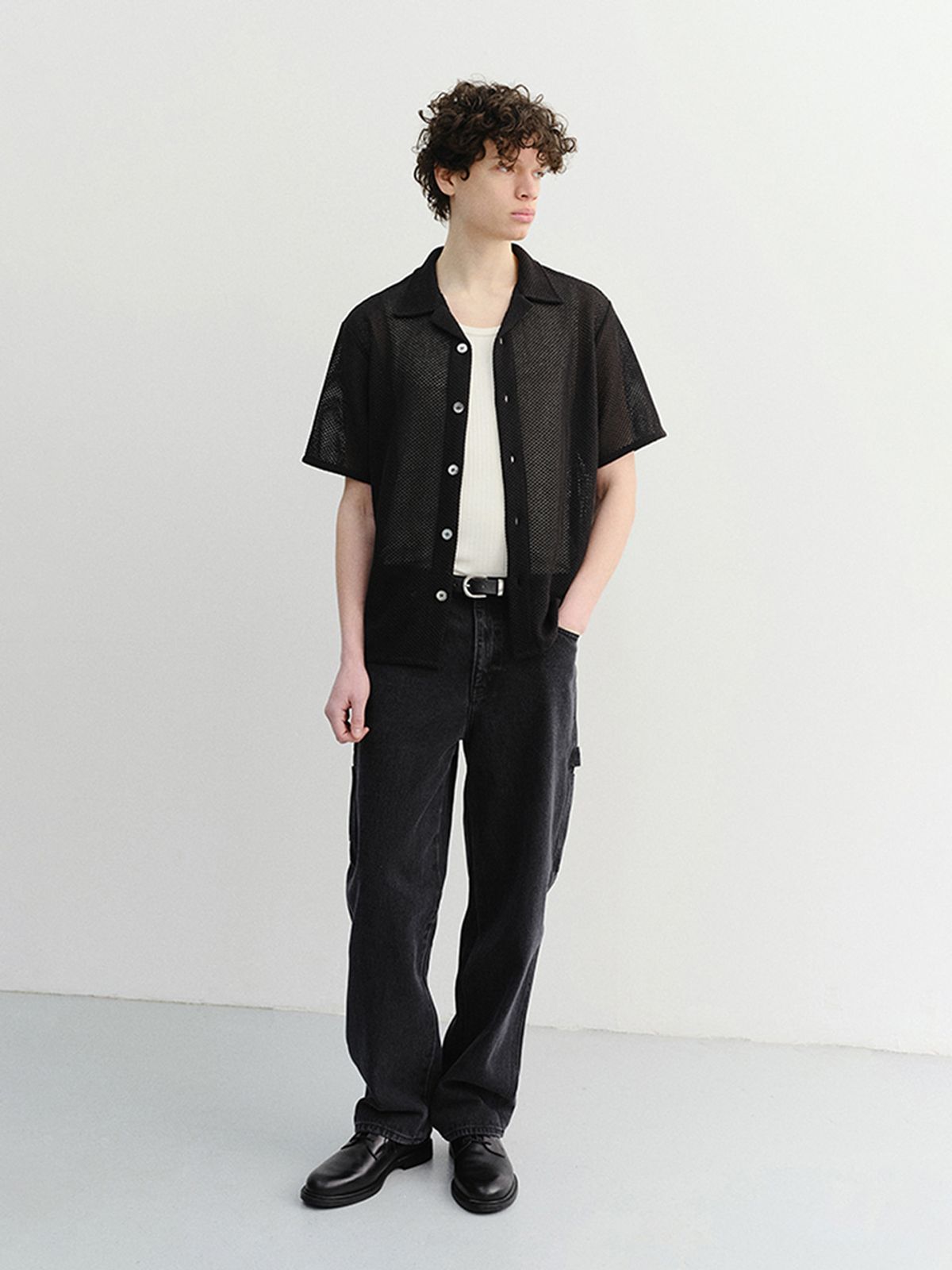 던스트 포 맨(DUNST FOR MEN) OPEN COLLARED CROCHET SHIRT_UDSH6B323_BLACK