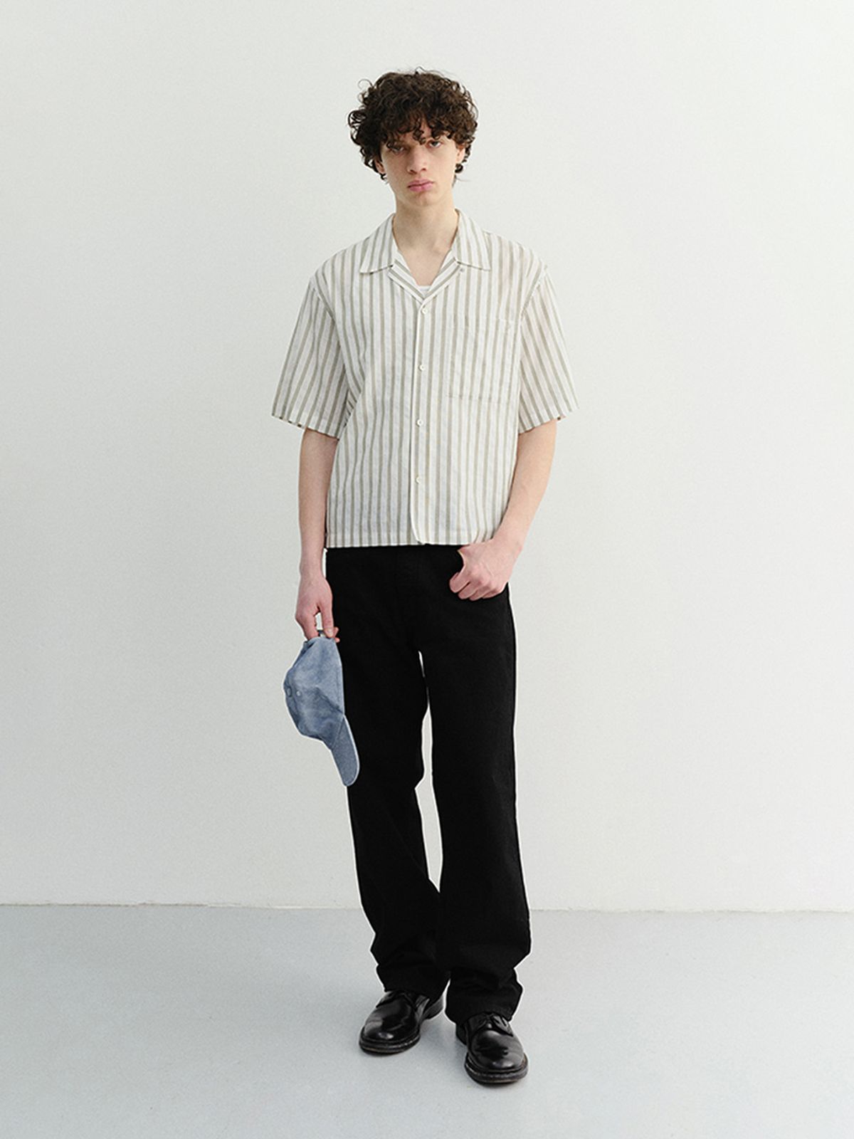 던스트 포 맨(DUNST FOR MEN) CROPPED OPEN COLLARED STRIPED SHIRT_UDSH6B321_GREEN STRIPE