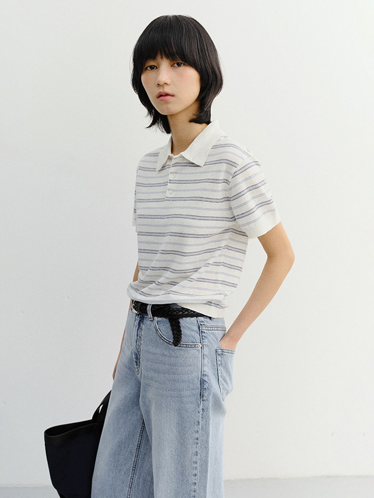 던스트(DUNST) UNISEX STRIPED POLO KNIT_UDSW6B127_WHITE / SOFT BLUE