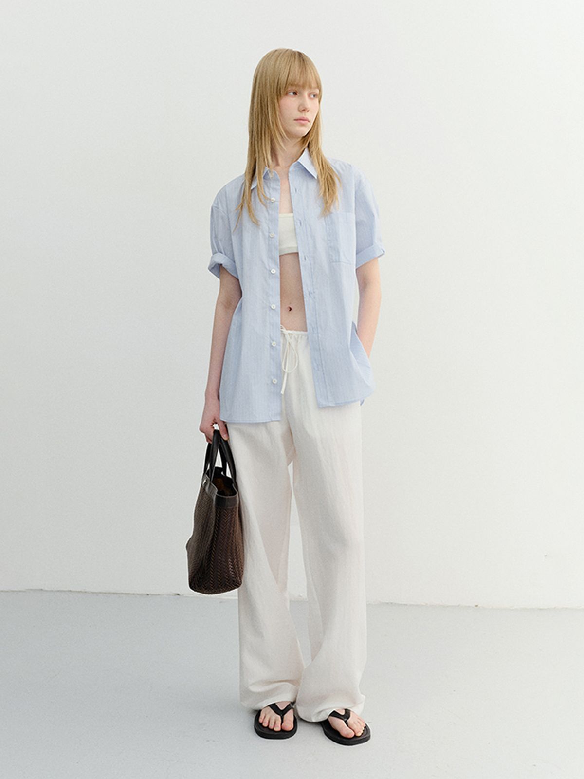 던스트(DUNST) UNISEX OVERSIZED HALF SLEEVE STRIPED SHIRT_UDSH6B148_SOFT BLUE STRIPE