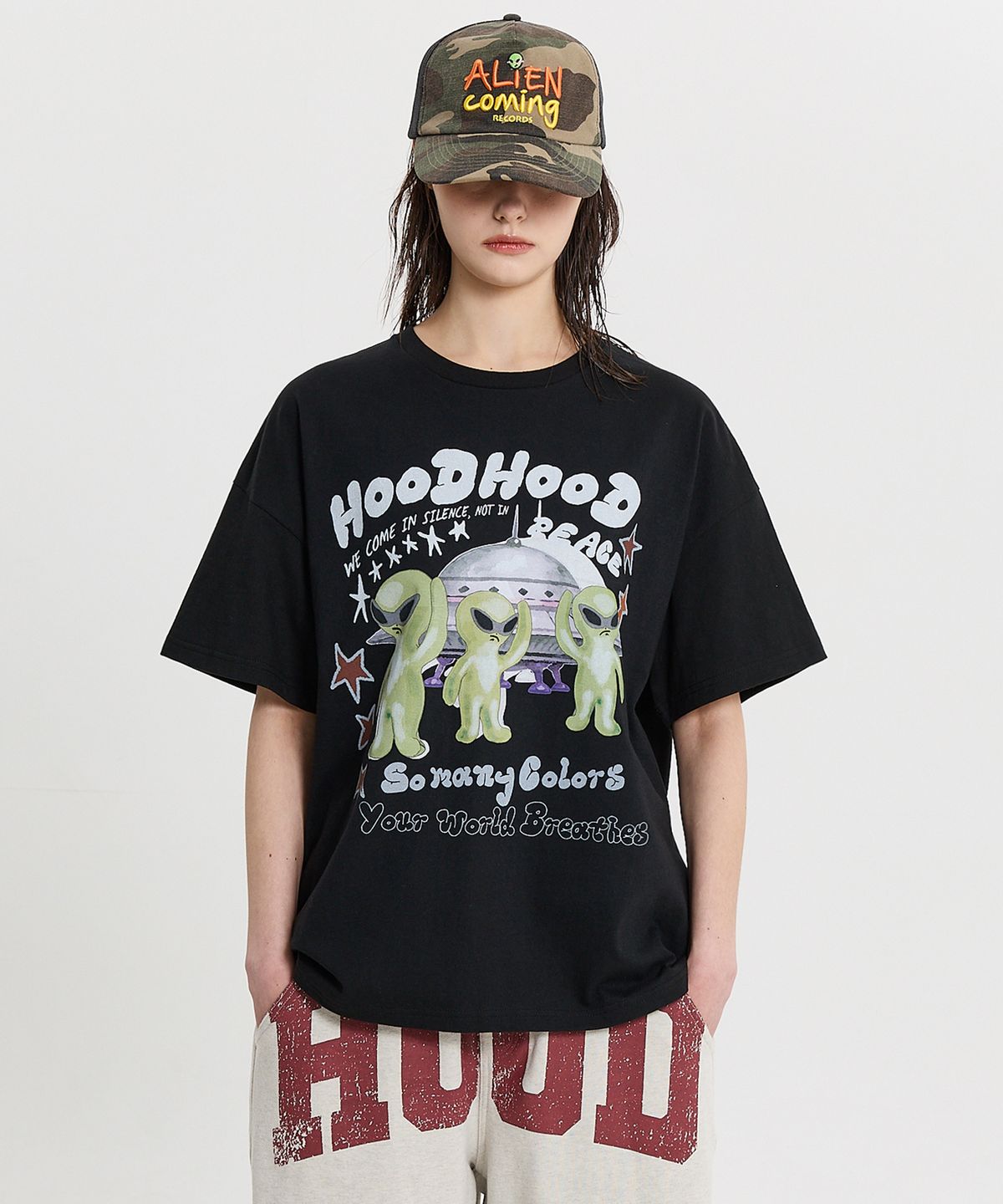 후드후드(HOODHOOD) 에일리언 피스 반팔티셔츠 블랙