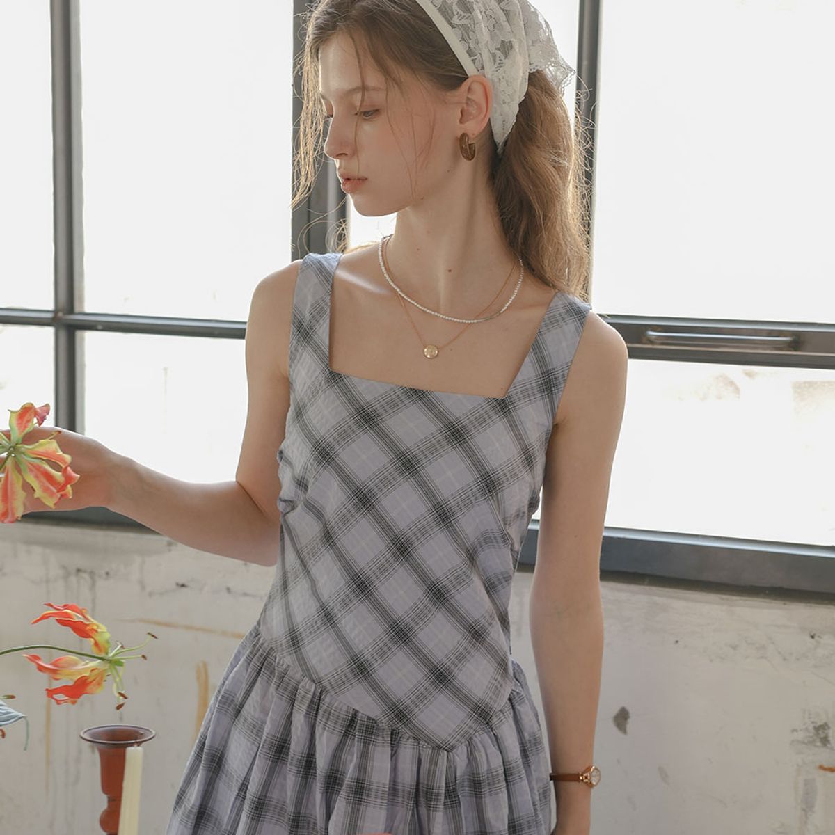 프라우드 마리(PROUD MARY) PM_Plaid square neck dress_LAVENDER