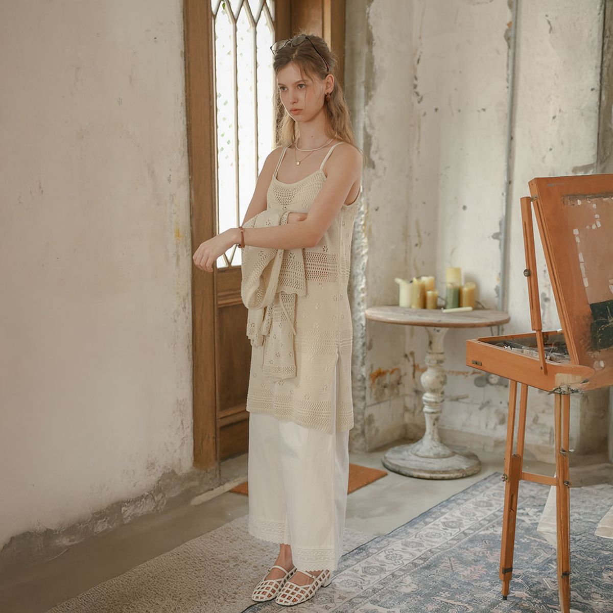 프라우드 마리(PROUD MARY) PM_Beige crochet cardigan dress set