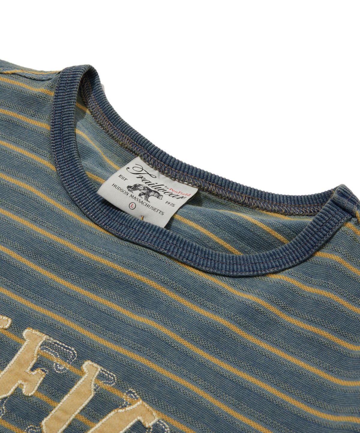 펜필드(PENFIELD) 인디고 자카드 스트라이프 빈티지 자수 아트워크 하프슬리브 옐로우_FS2KT62U