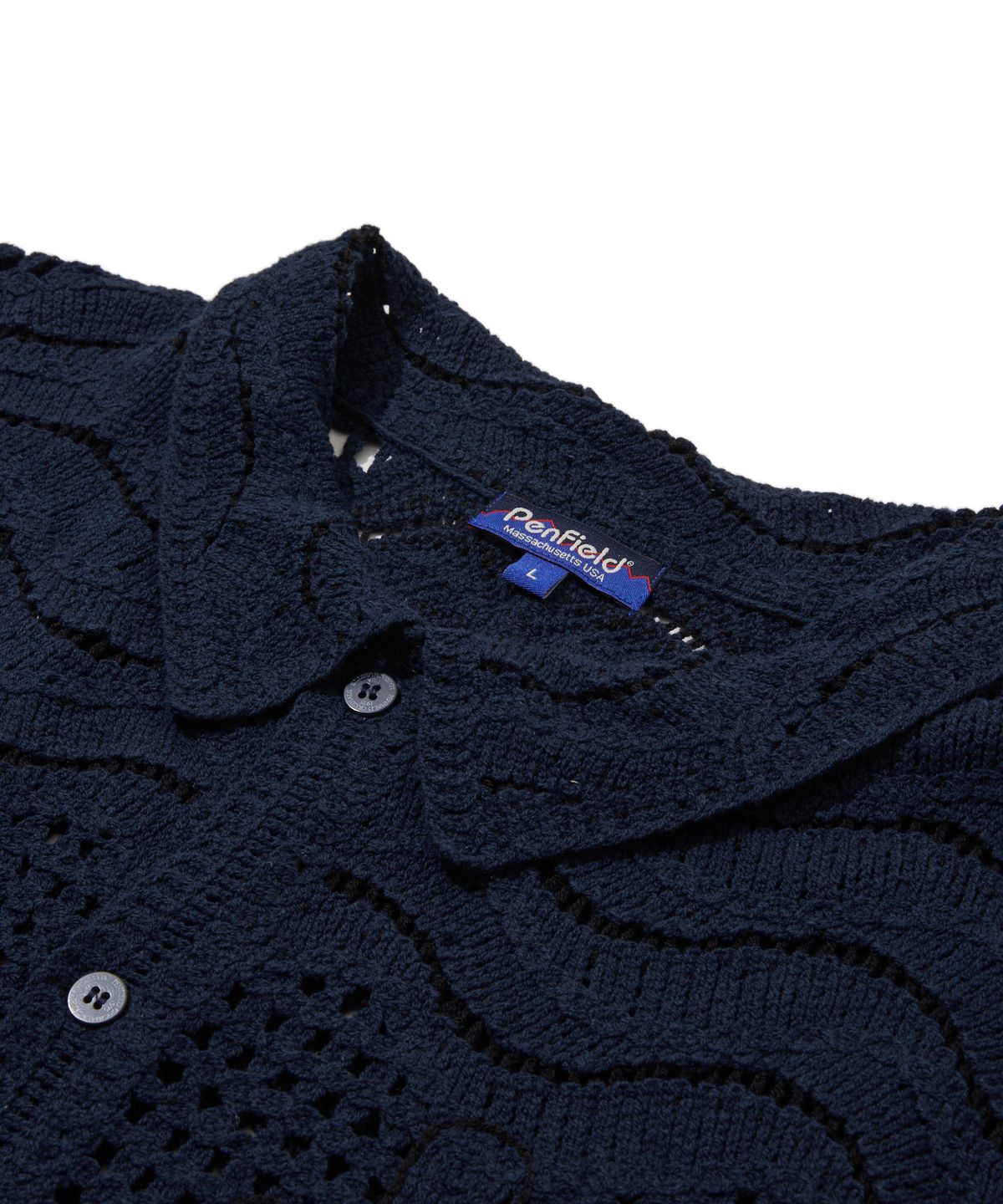 펜필드(PENFIELD) 솔티독 크로셰 니트 반팔 셔츠 네이비_FS2NJ02U