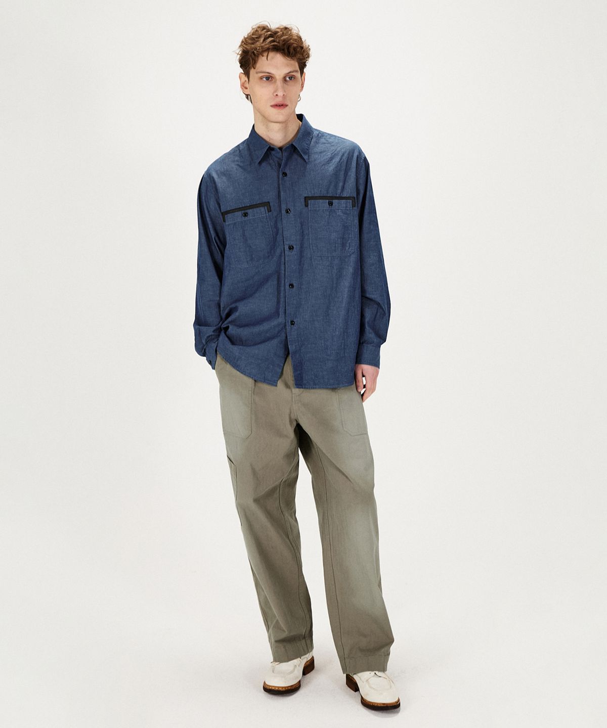 셔터(SHIRTER) LEATHER TRIM LINEN BLEND SHIRT (BLUE)