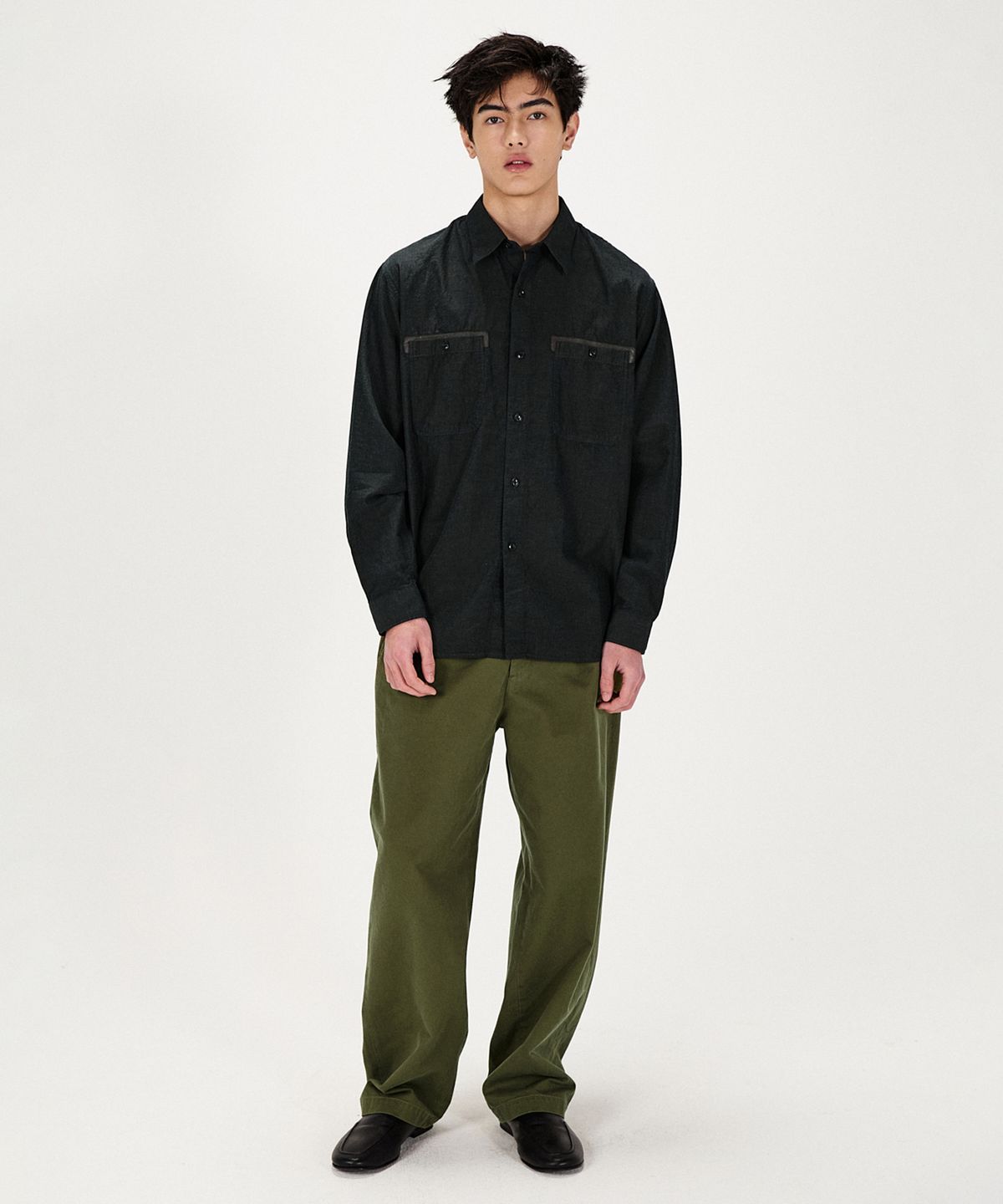 셔터(SHIRTER) LEATHER TRIM LINEN BLEND SHIRT (BLACK)