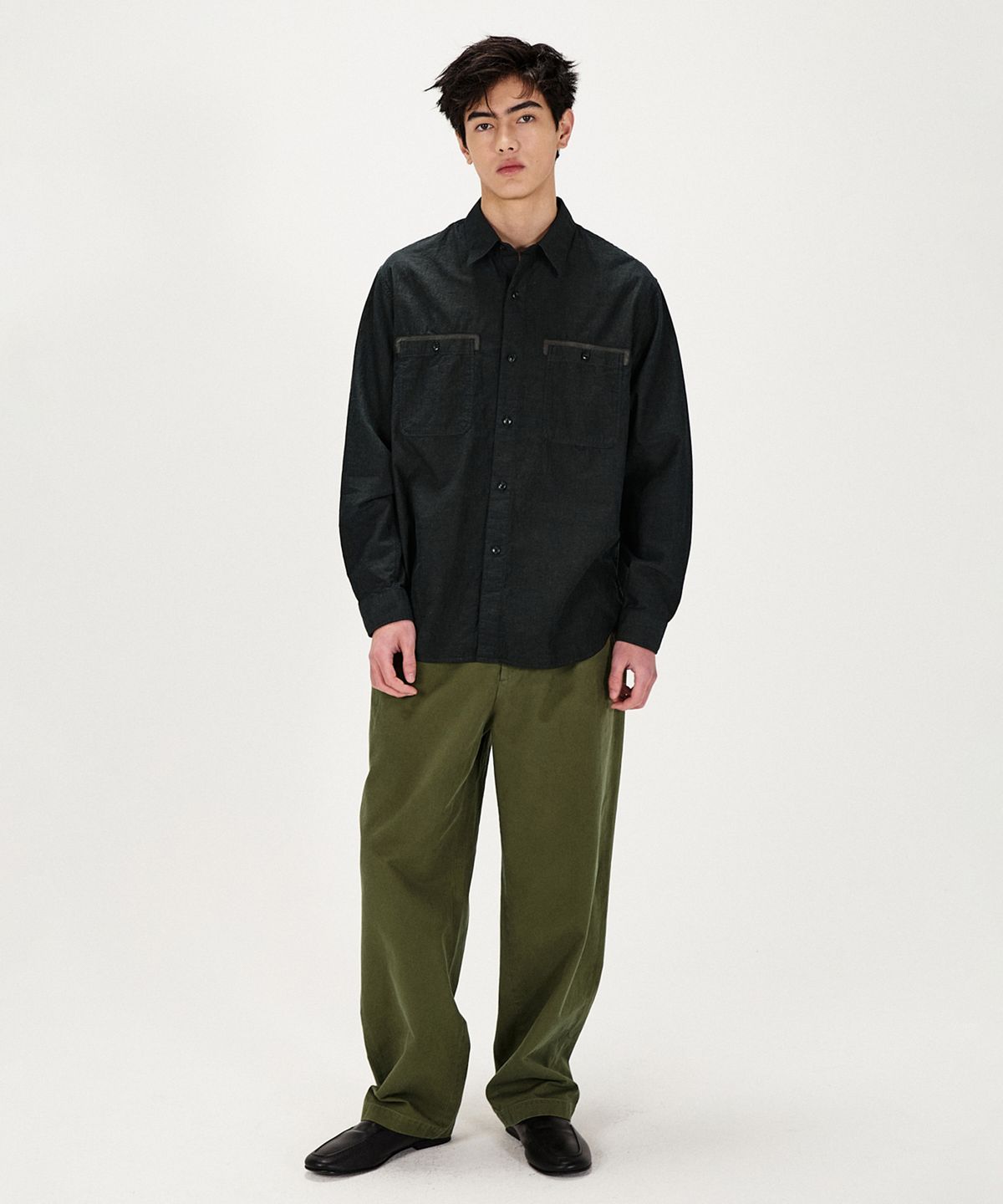 셔터(SHIRTER) LEATHER TRIM LINEN BLEND SHIRT (BLACK)