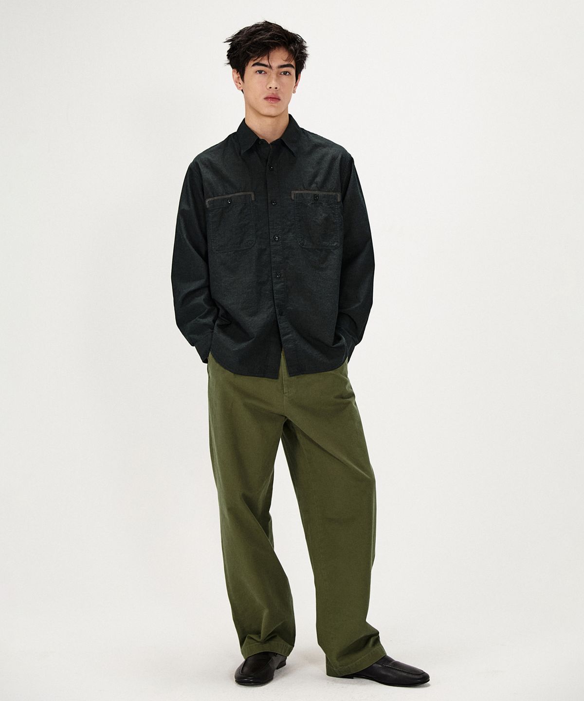 셔터(SHIRTER) LEATHER TRIM LINEN BLEND SHIRT (BLACK)
