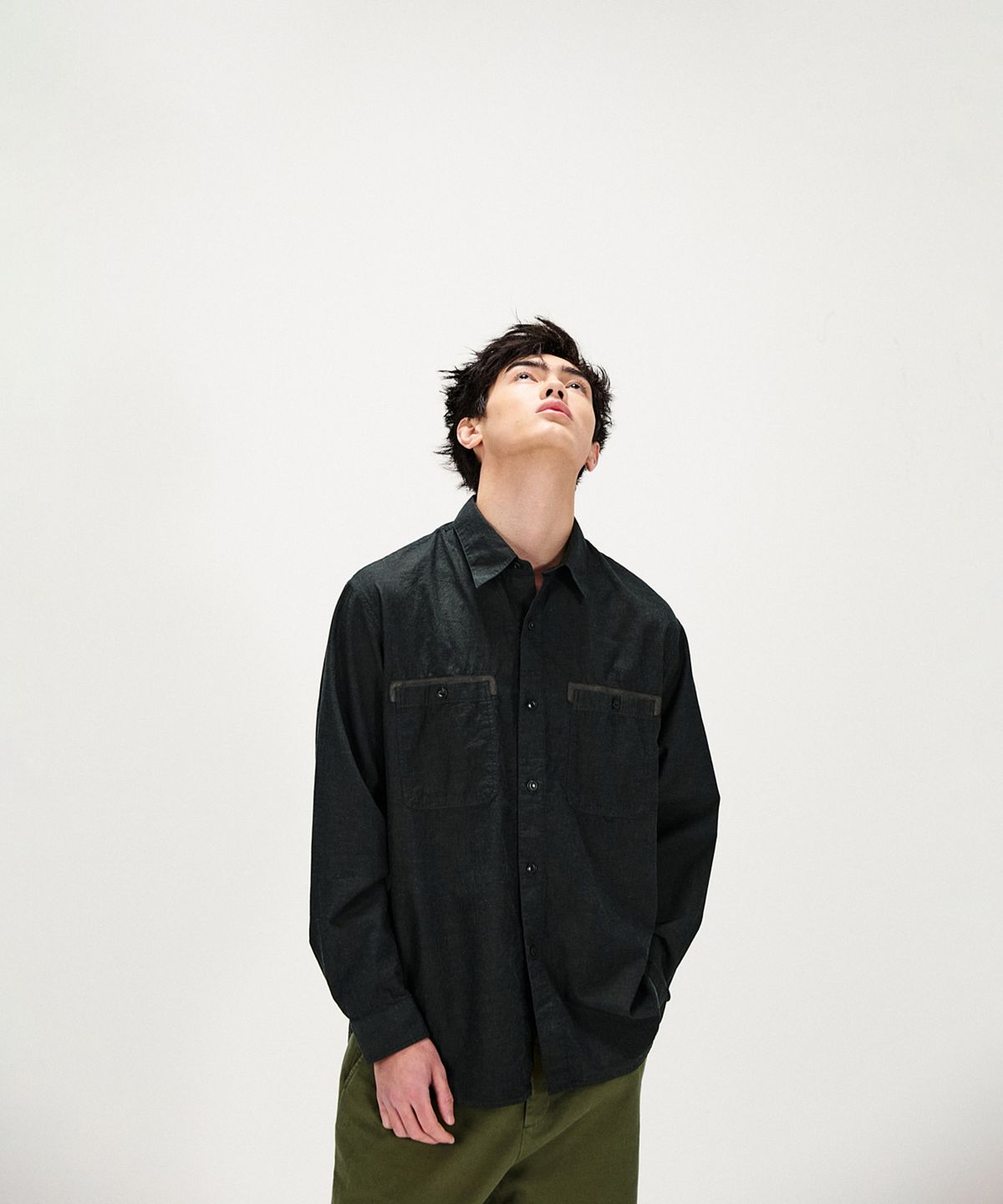 셔터(SHIRTER) LEATHER TRIM LINEN BLEND SHIRT (BLACK)