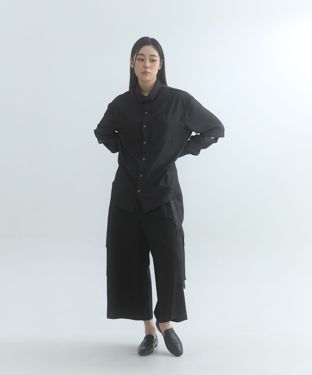 라드에디션(LAD EDITION) 레이온 큐롯 카고팬츠_블랙[벨트포함]
